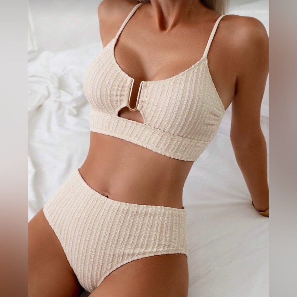New Textured Cream Ribbed Bikini Set XL